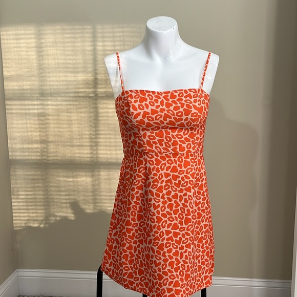 French Connection Orange Hearts & Kisses Print A-Line Dress - Picture 1 of 7